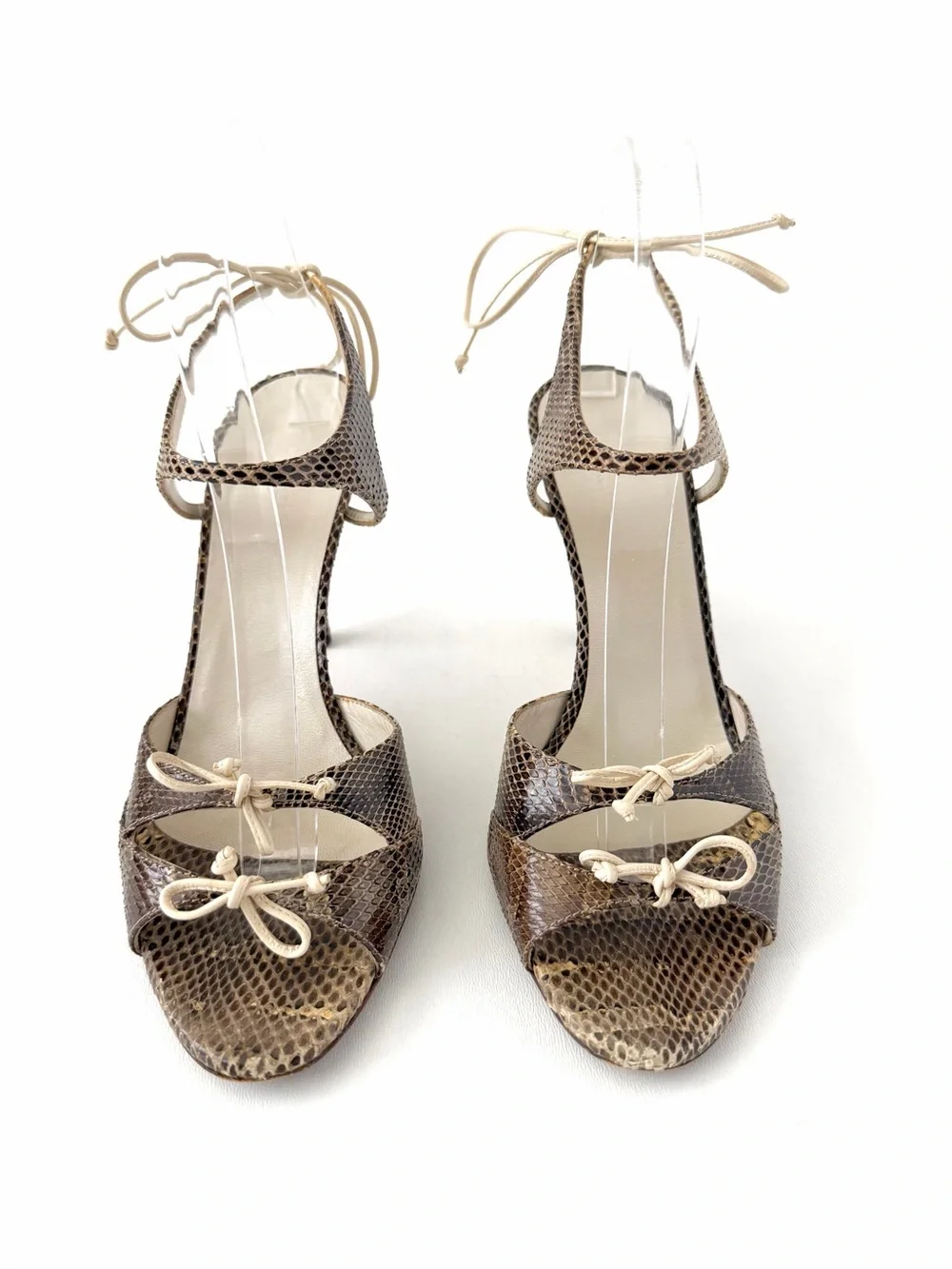 GUCCI | Vintage Snakeskin Bow Ankle Tie Stiletto Sandal Heels Brown Size 8.5B